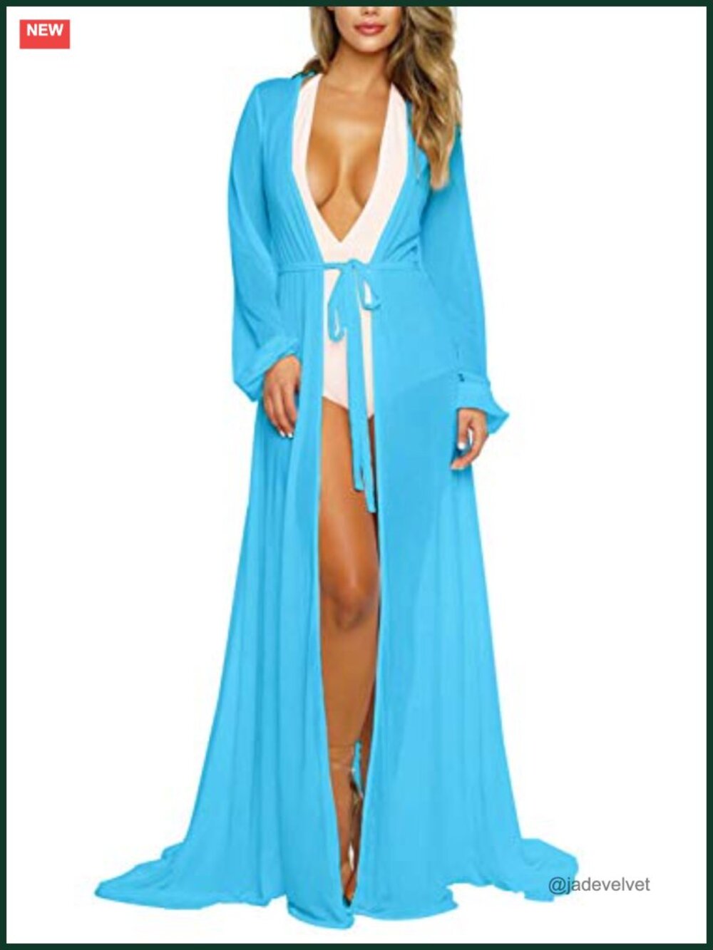 Long Sleeve Sheer Mesh Flowy Maxi Swim Cover Up Tie Front Robe